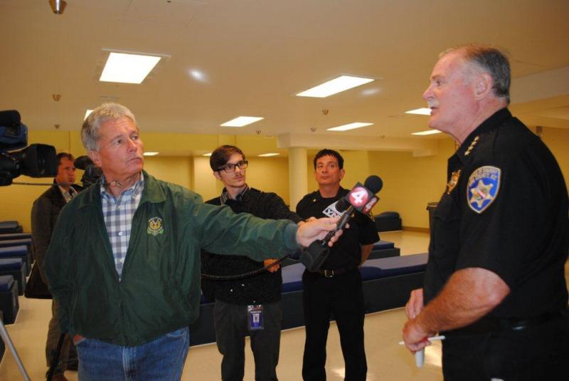 Sheriff Howard talks to the media regarding the opening of the new Reception Area at the Holding Center